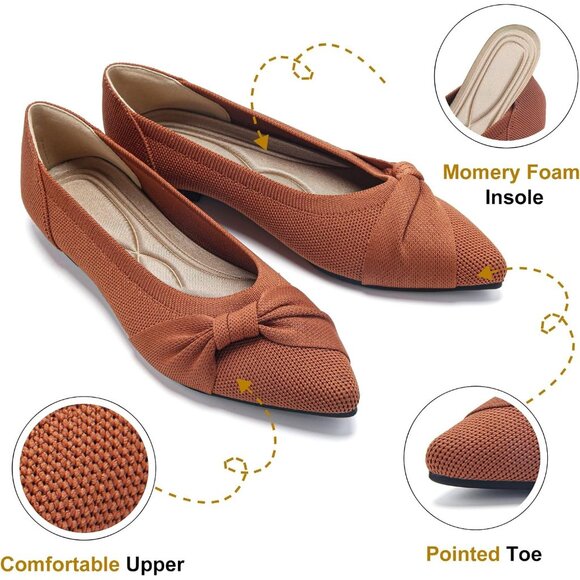 Women's Pointed Toe Knit Brown Flats Comfortable Lightweight Dressy Casual Shoes - Picture 4 of 9